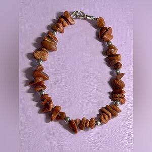 Hand Crafted Goldstone & Silver Beads W/ Lobster Claw  Clasp Bracelet